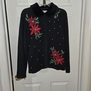 O H I Black Cardigan Red Poinsettias Embellishments & Detachable Collar Medium